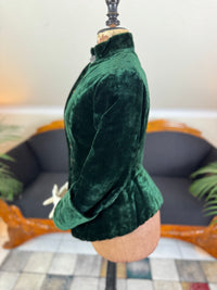 Rare Victorian Riding Jacket, ca. 1878 - Green Velvet, Quilted Silk Lining, Historic Equestrian Fashion