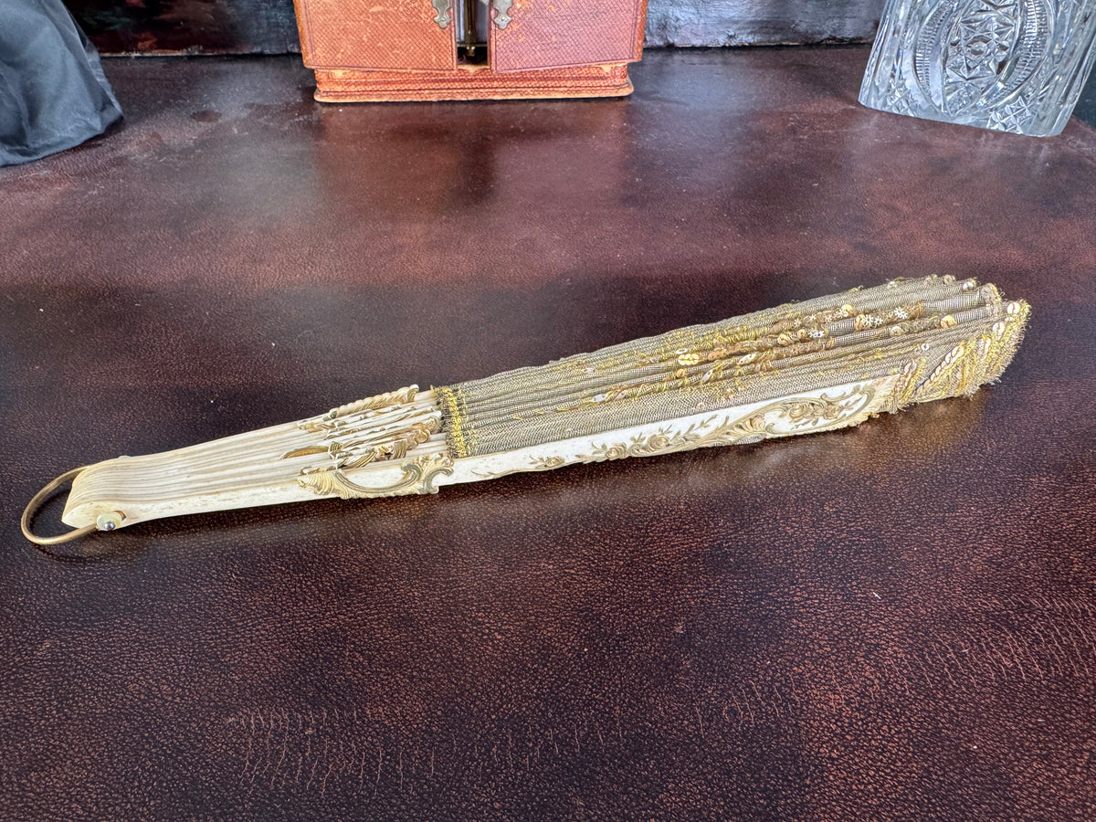 Gold Lace and Sequin Evening Fan ca. 1880 – Antique Victorian Hand Fan