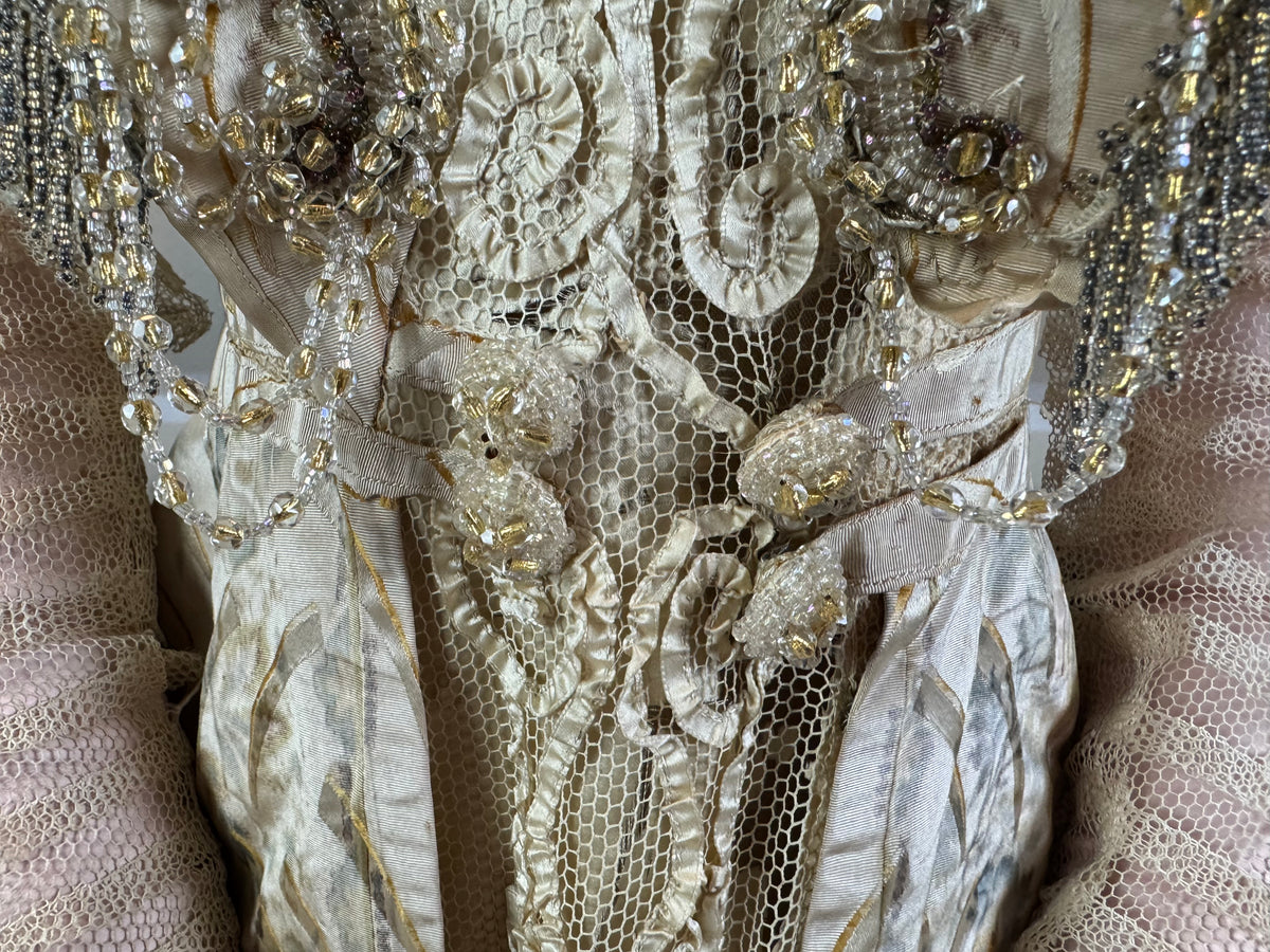 Antique Edwardian Evening Dress ca. 1908 – Painted Silk Panels & Crochet Lace Couture