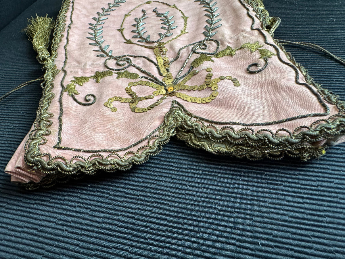 Regency Metalwork Reticule, ca. 1810 – Pink Moiré Grosgrain Bag with Silver & Gold Embroidery