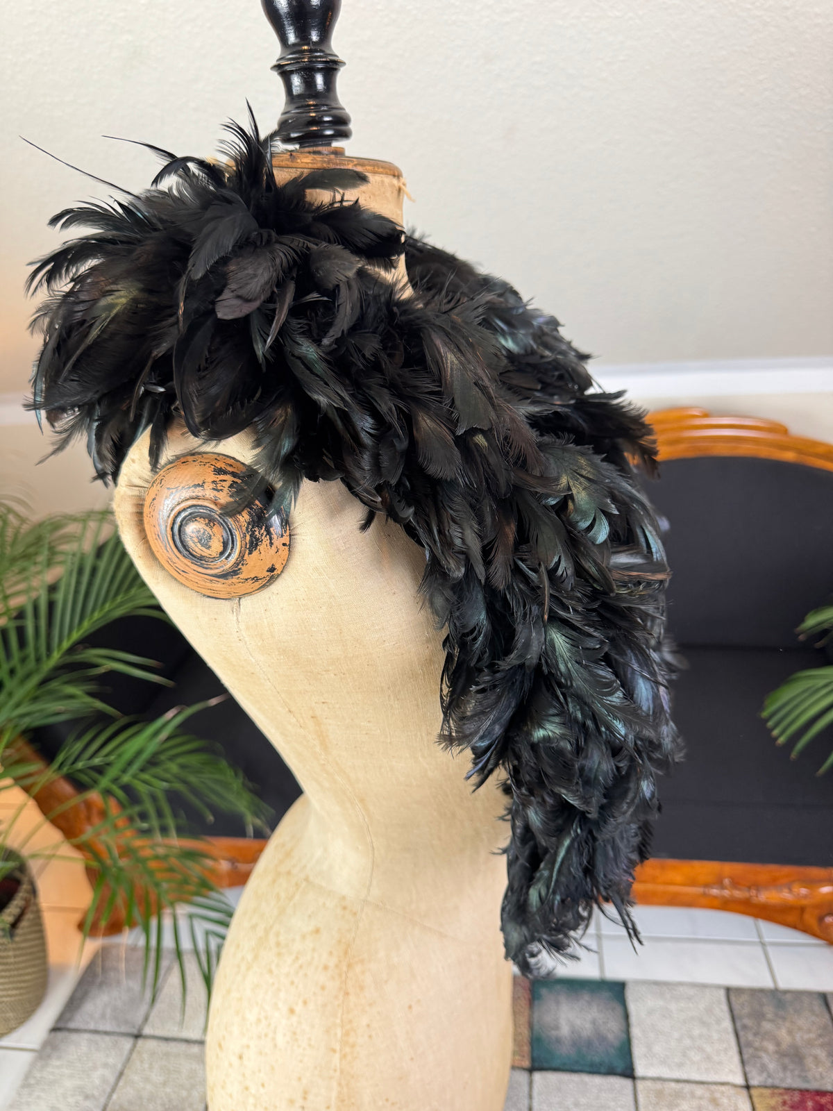 Antique Black Rooster Feather Boa, England, ca. 1928 – Rare 1920s Feather Accessory