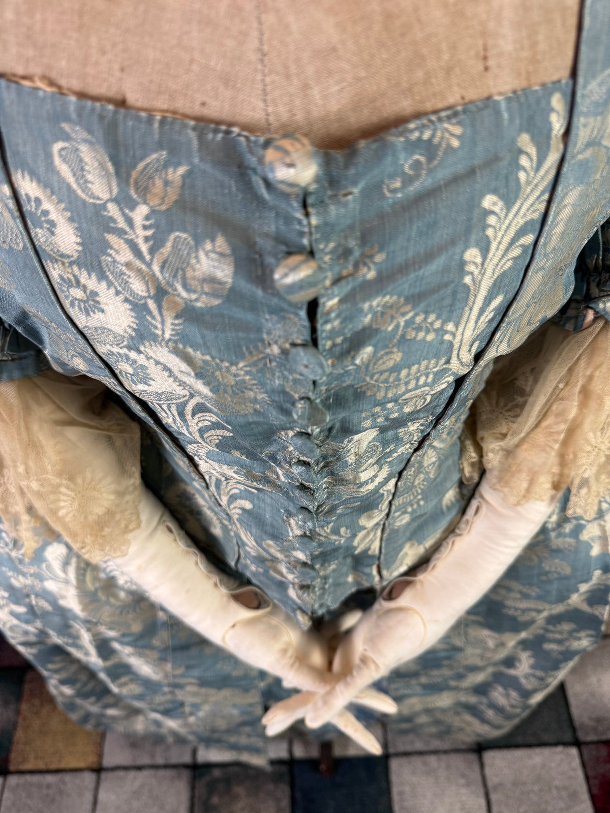 Robe à la Française in blue and cream silk damask – Authentic Eighteenth‑Century Gown, ca. 1770