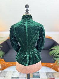 Rare Victorian Riding Jacket, ca. 1878 - Green Velvet, Quilted Silk Lining, Historic Equestrian Fashion