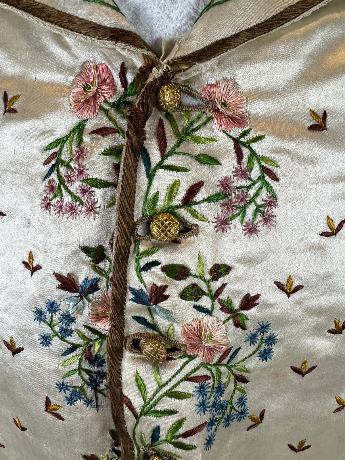 Antique Waistcoat & Blue Silk Knee‑Length Trousers, ca. 1790 – Embroidered Floral Menswear Ensemble