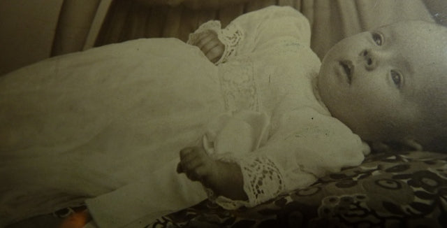 Christening Gown with Original Photo, England, ca. 1923 – Net Tulle & Lace, Silk Slip