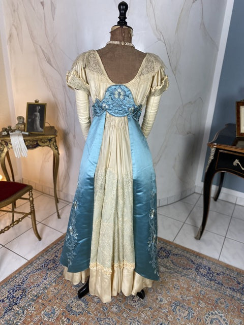 Chantilly & Sky Blue Satin Evening Dress, ca. 1914 ANTIQUE GOWN Chantilly & Sky Blue Satin Evening Dress, ca. 1914 ANTIQUE GOWN
