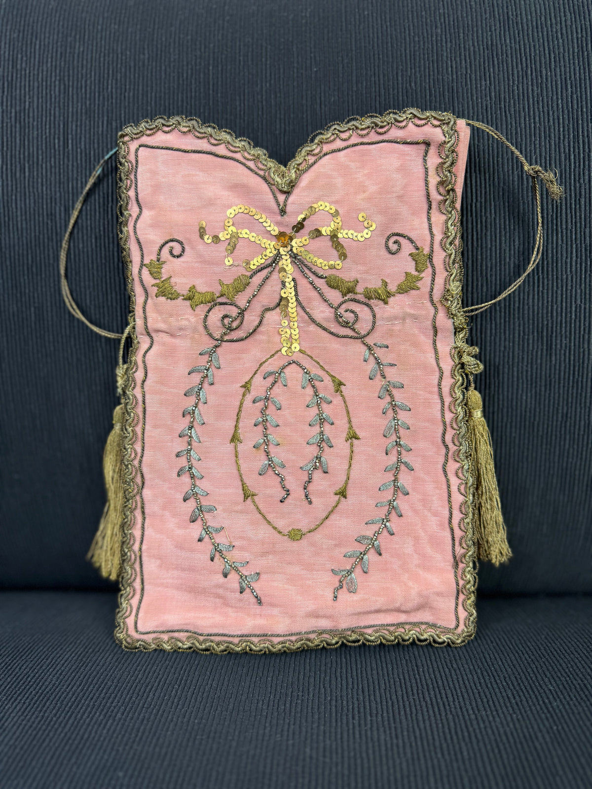 Regency Metalwork Reticule, ca. 1810 – Pink Moiré Grosgrain Bag with Silver & Gold Embroidery