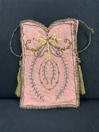 Regency Metalwork Reticule, ca. 1810 – Pink Moiré Grosgrain Bag with Silver & Gold Embroidery