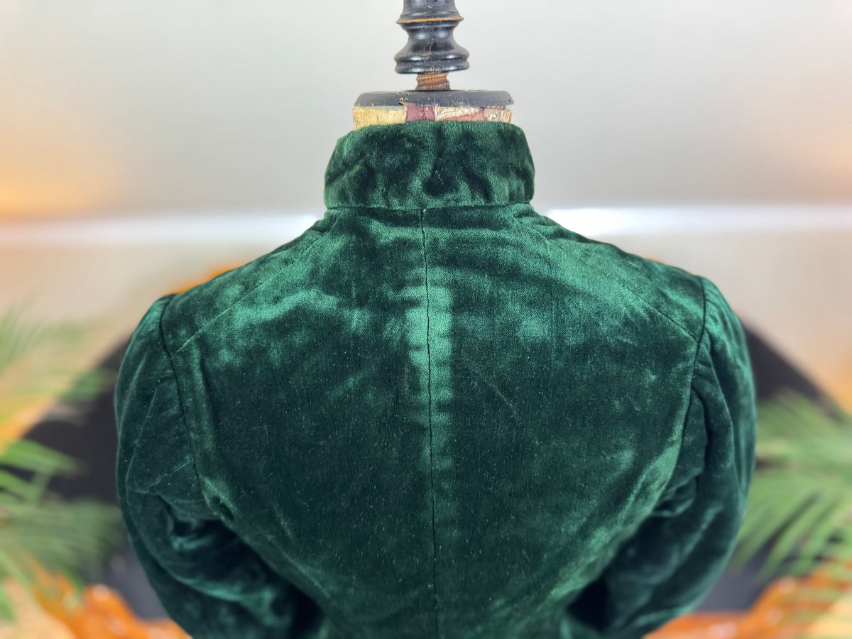 Rare Victorian Riding Jacket, ca. 1878 - Green Velvet, Quilted Silk Lining, Historic Equestrian Fashion