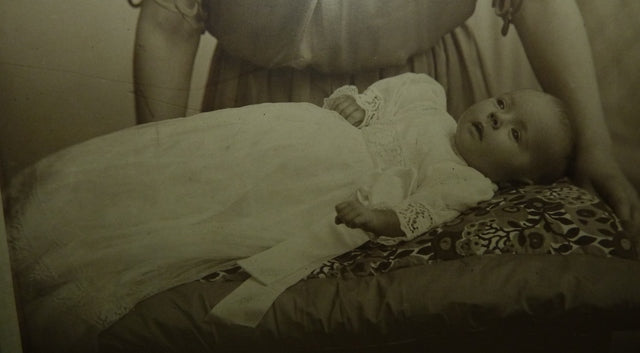 Christening Gown with Original Photo, England, ca. 1923 – Net Tulle & Lace, Silk Slip