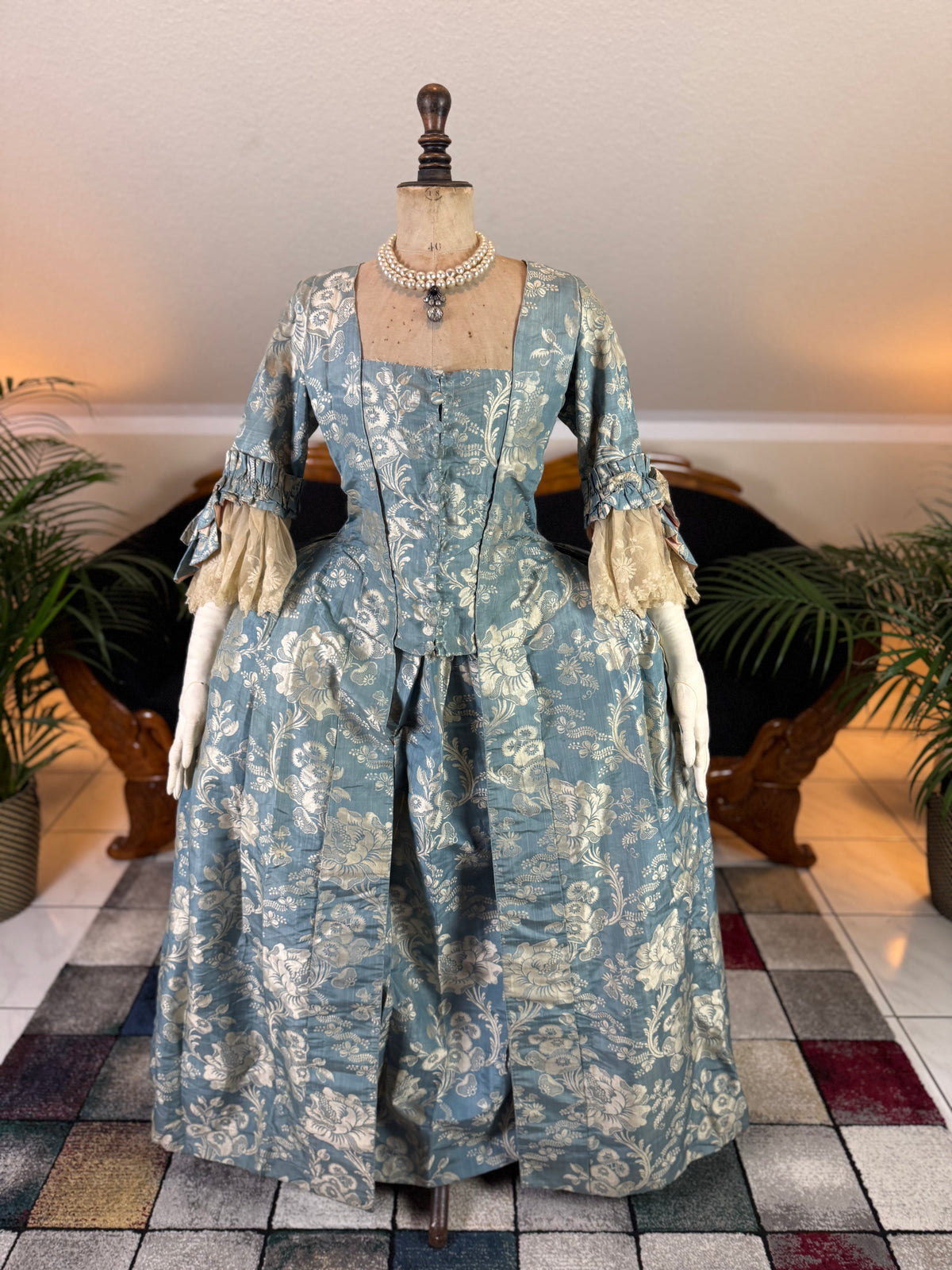 Robe à la Française in blue and cream silk damask – Authentic Eighteenth‑Century Gown, ca. 1770