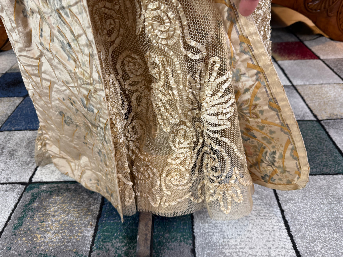 Antique Edwardian Evening Dress ca. 1908 – Painted Silk Panels & Crochet Lace Couture