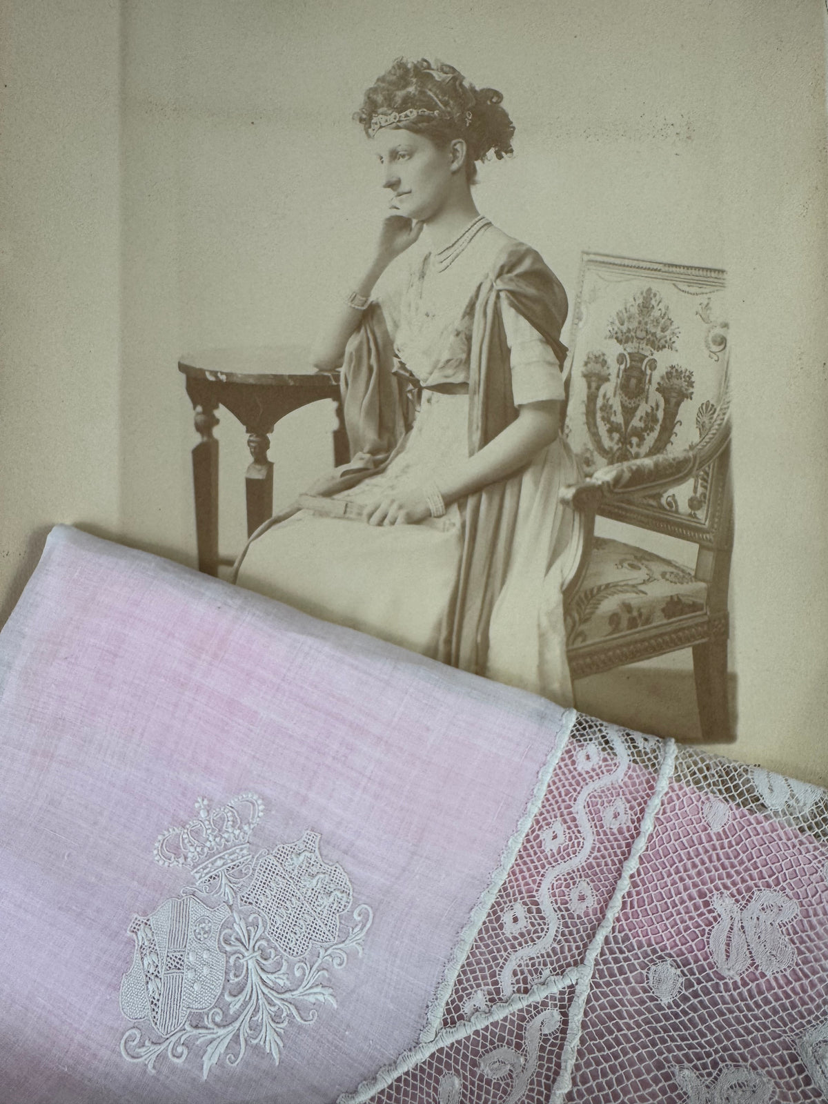ROYAL Antique Pair of Lace Handkerchiefs with Tuscany–Württemberg Double Coat of Arms from the Wedding Trousseau of Archduchess Maria Immakulata, c. 1900