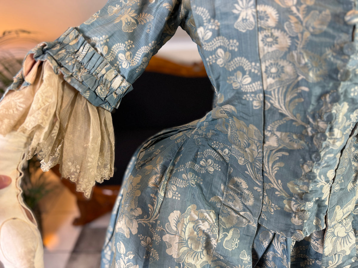 Robe à la Française in blue and cream silk damask – Authentic Eighteenth‑Century Gown, ca. 1770
