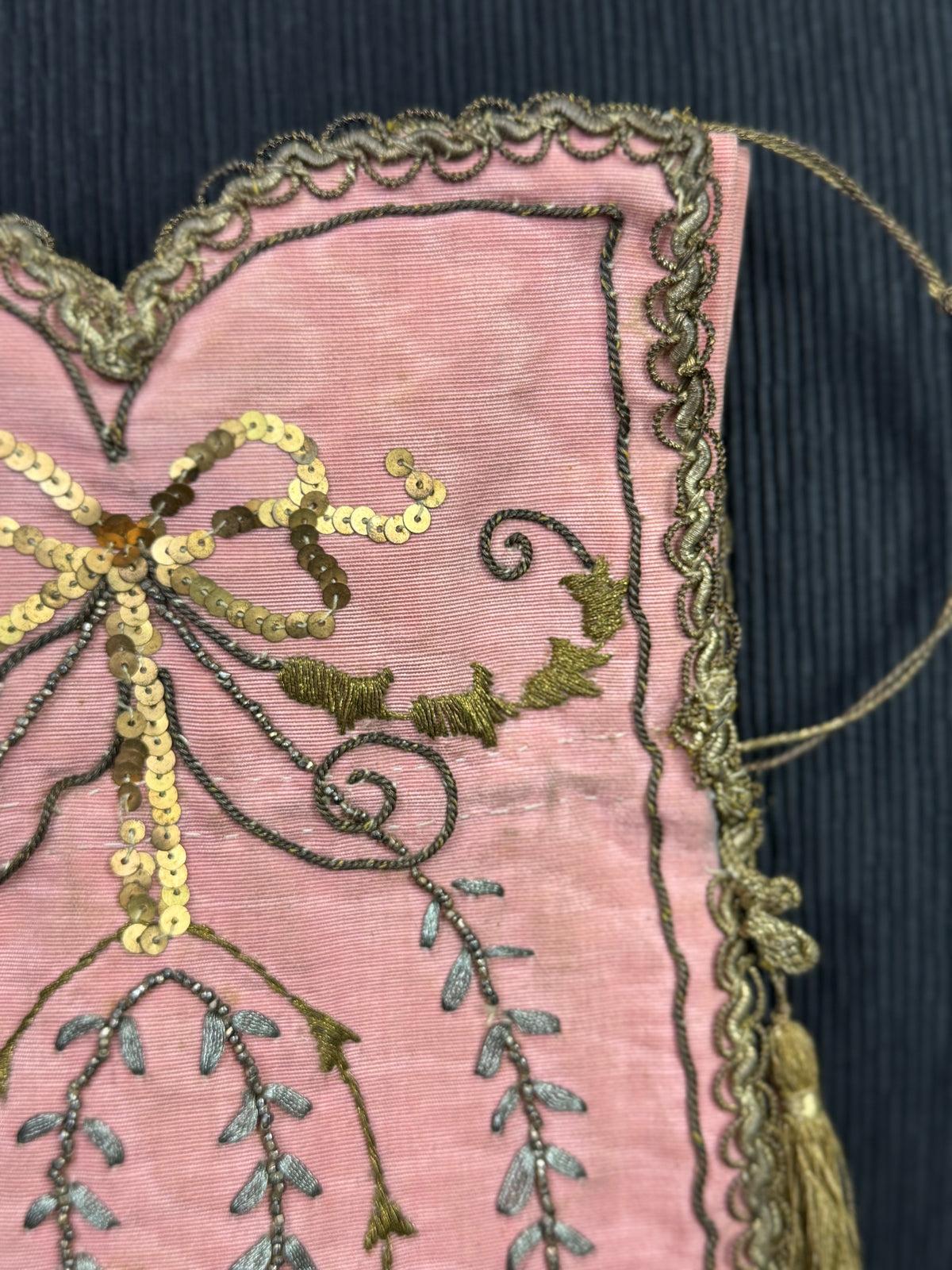 Regency Metalwork Reticule, ca. 1810 – Pink Moiré Grosgrain Bag with Silver & Gold Embroidery