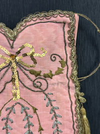 Regency Metalwork Reticule, ca. 1810 – Pink Moiré Grosgrain Bag with Silver & Gold Embroidery