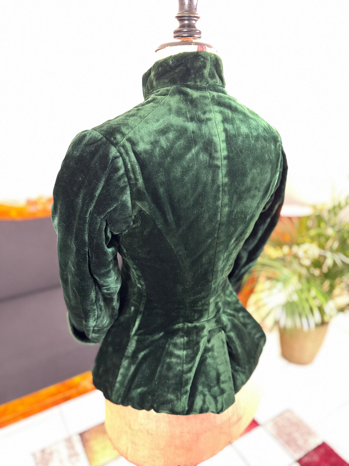 Rare Victorian Riding Jacket, ca. 1878 - Green Velvet, Quilted Silk Lining, Historic Equestrian Fashion