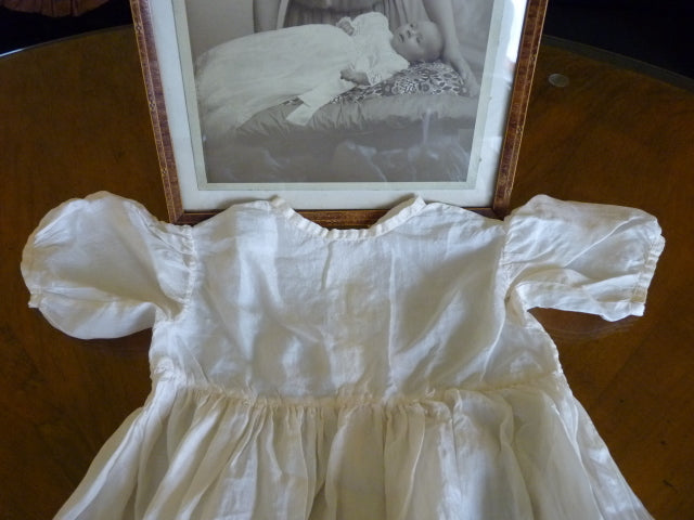 Christening Gown with Original Photo, England, ca. 1923 – Net Tulle & Lace, Silk Slip