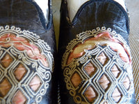 Black Glacé Kid Slippers, pink silk, ca. 1855-1865