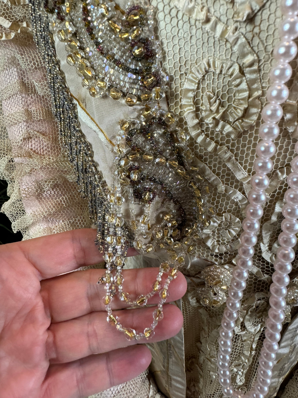 Antique Edwardian Evening Dress ca. 1908 – Painted Silk Panels & Crochet Lace Couture