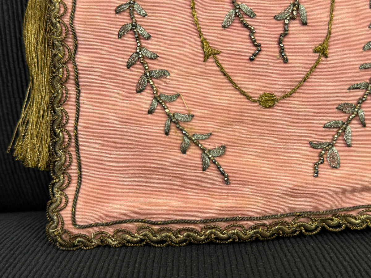 Regency Metalwork Reticule, ca. 1810 – Pink Moiré Grosgrain Bag with Silver & Gold Embroidery