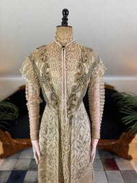 Antique Edwardian Evening Dress ca. 1908 – Painted Silk Panels & Crochet Lace Couture