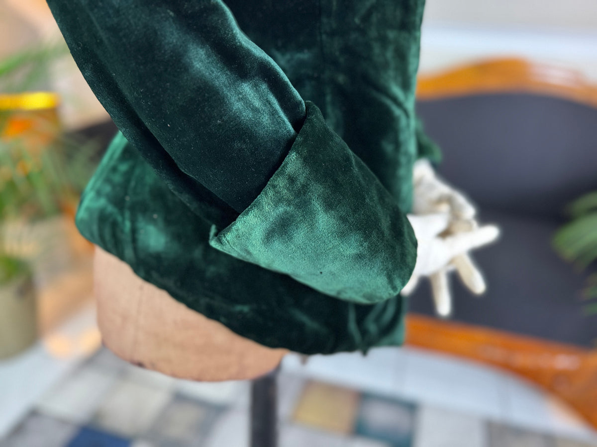 Rare Victorian Riding Jacket, ca. 1878 - Green Velvet, Quilted Silk Lining, Historic Equestrian Fashion