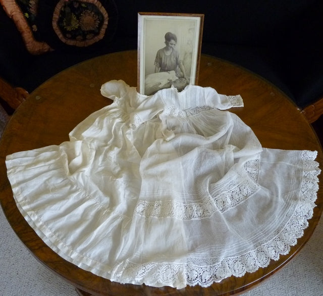 Christening Gown with Original Photo, England, ca. 1923 – Net Tulle & Lace, Silk Slip