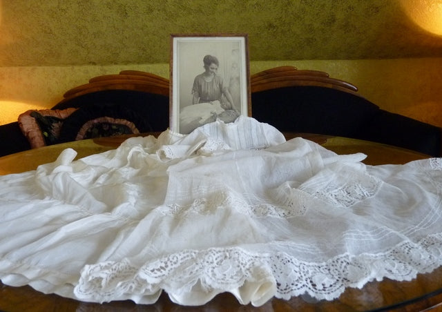 Christening Gown with Original Photo, England, ca. 1923 – Net Tulle & Lace, Silk Slip