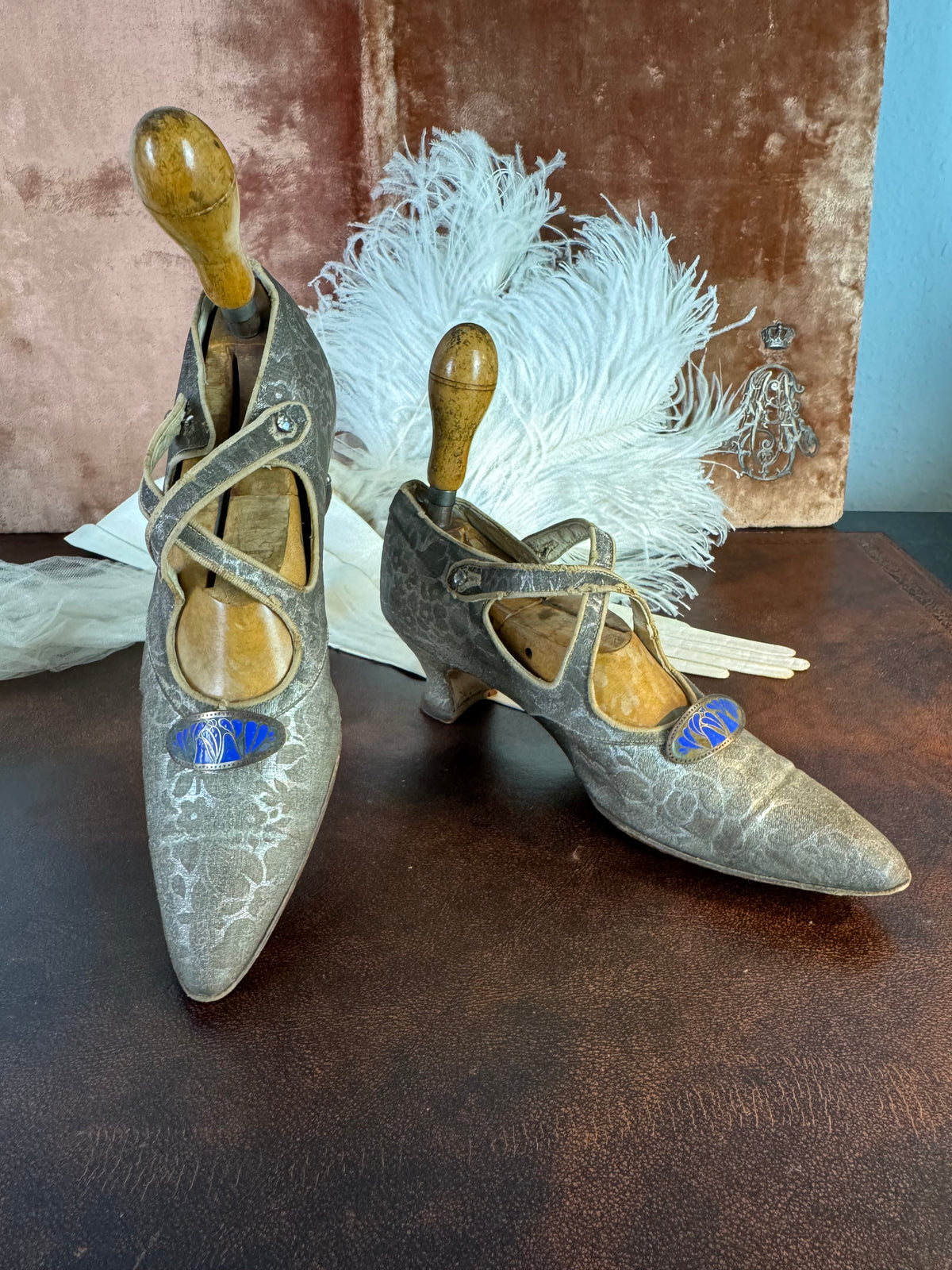 WIENER WERKSTÄTTE Shoes, Enamel Medaillons, Vienna, ca. 1910