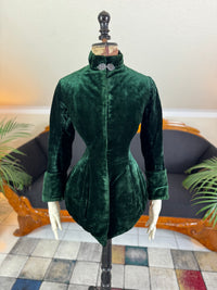 Rare Victorian Riding Jacket, ca. 1878 - Green Velvet, Quilted Silk Lining, Historic Equestrian Fashion