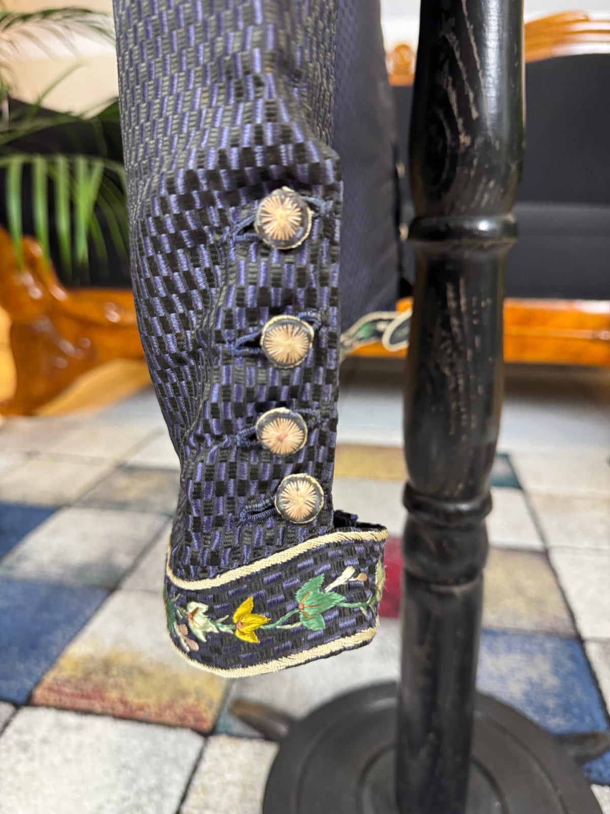 Antique Waistcoat & Blue Silk Knee‑Length Trousers, ca. 1790 – Embroidered Floral Menswear Ensemble