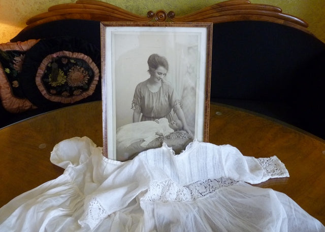 Christening Gown with Original Photo, England, ca. 1923 – Net Tulle & Lace, Silk Slip