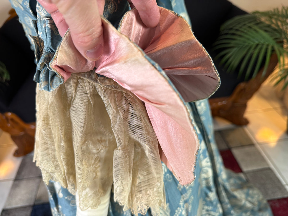 Robe à la Française in blue and cream silk damask – Authentic Eighteenth‑Century Gown, ca. 1770