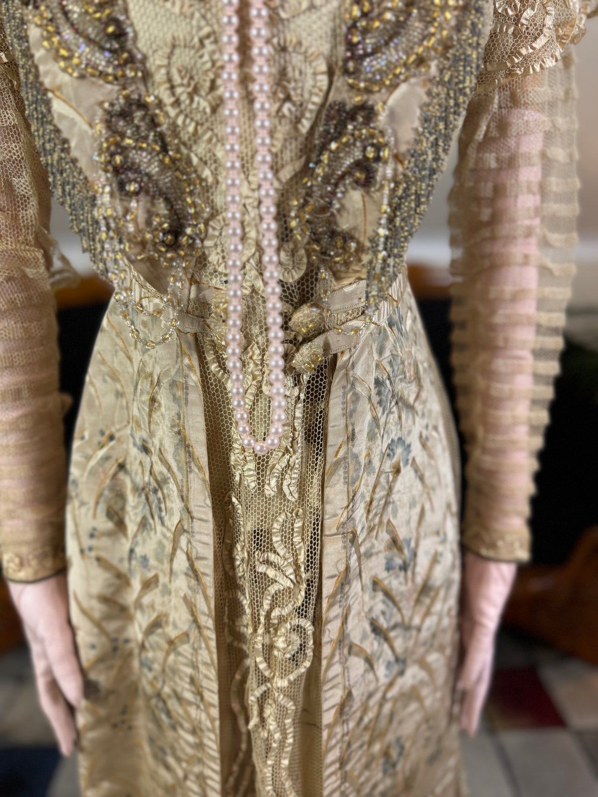 Antique Edwardian Evening Dress ca. 1908 – Painted Silk Panels & Crochet Lace Couture