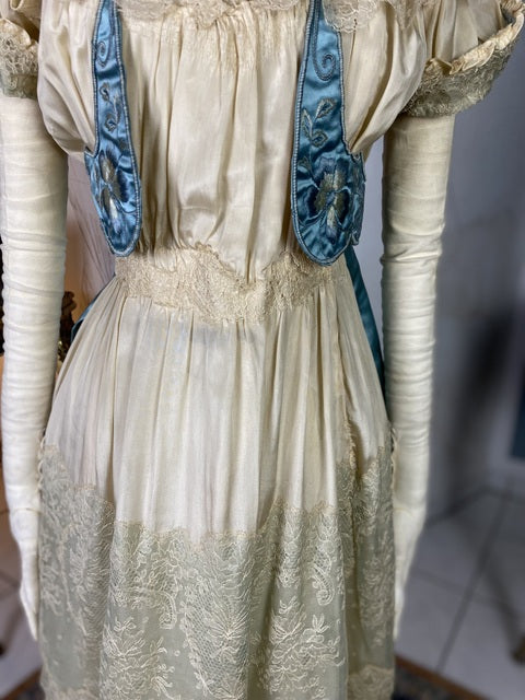 Chantilly & Sky Blue Satin Evening Dress, ca. 1914
