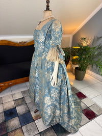 Robe à la Française in blue and cream silk damask – Authentic Eighteenth‑Century Gown, ca. 1770