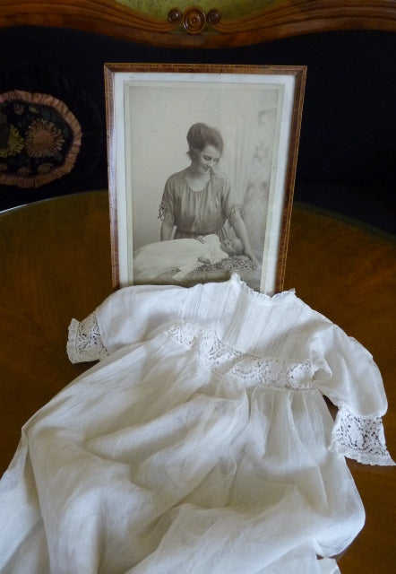 Christening Gown with Original Photo, England, ca. 1923 – Net Tulle & Lace, Silk Slip
