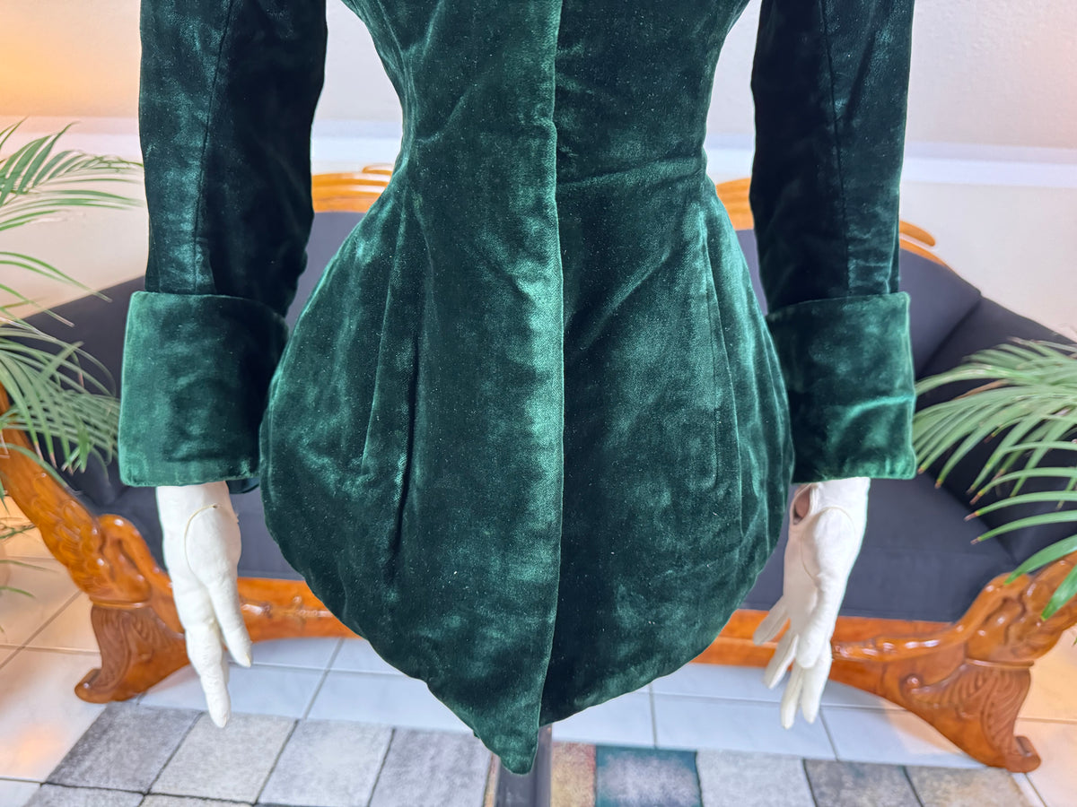 Rare Victorian Riding Jacket, ca. 1878 - Green Velvet, Quilted Silk Lining, Historic Equestrian Fashion