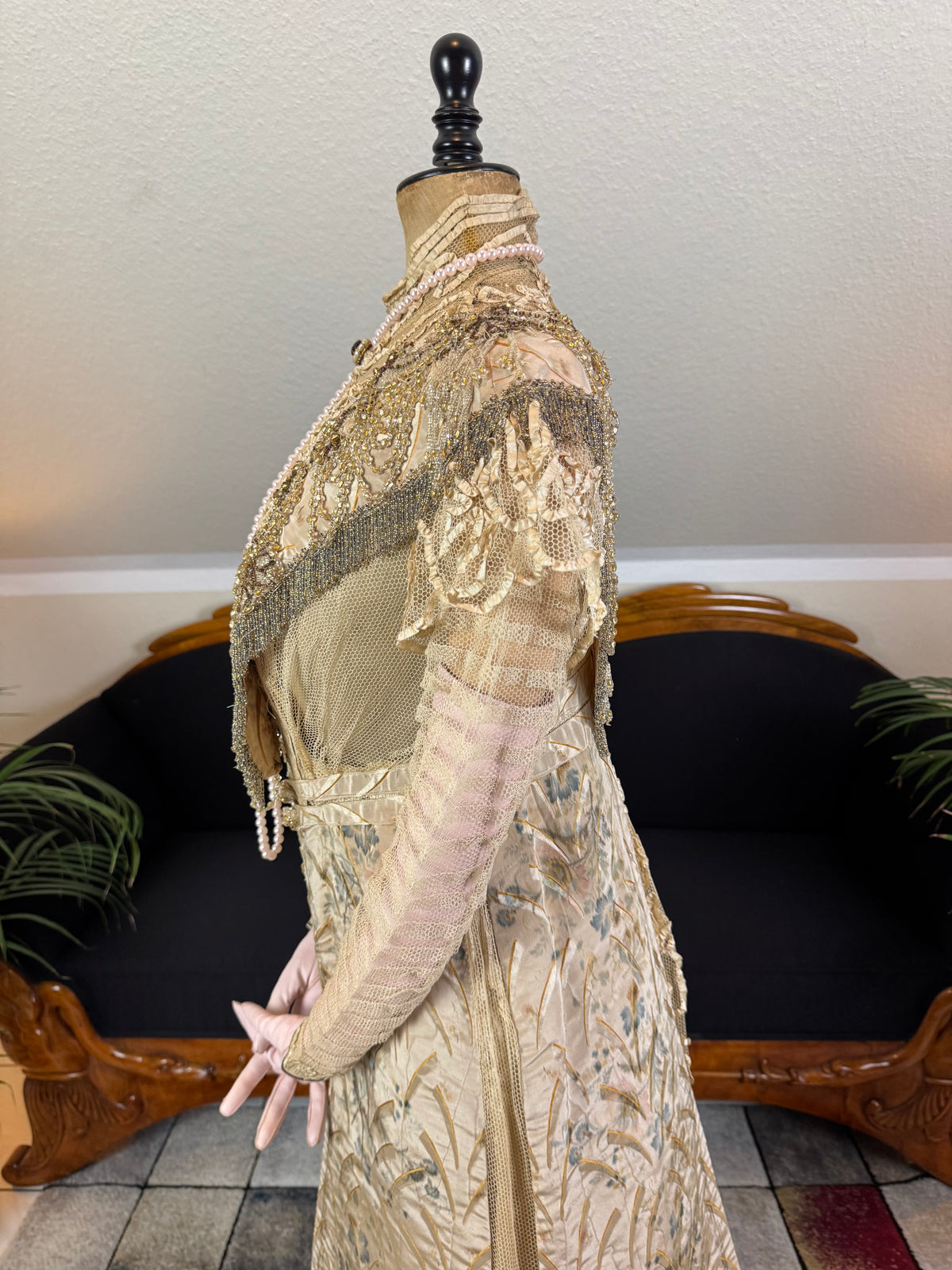 Antique Edwardian Evening Dress ca. 1908 – Painted Silk Panels & Crochet Lace Couture
