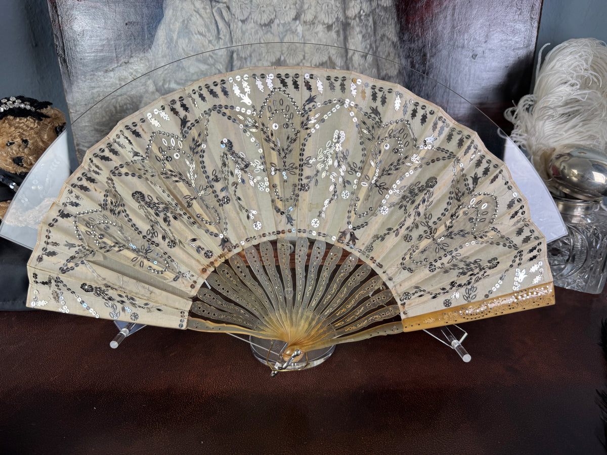 Set of Four Feather Fans and Three Antique Hand Fans – Late 19th to Early 20th Century