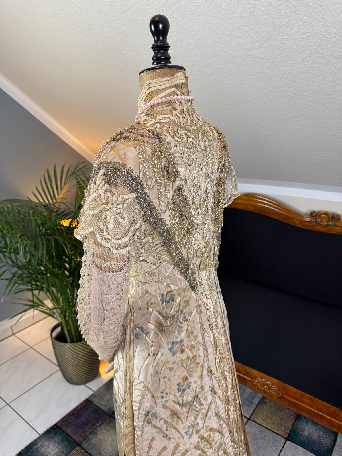Antique Edwardian Evening Dress ca. 1908 – Painted Silk Panels & Crochet Lace Couture