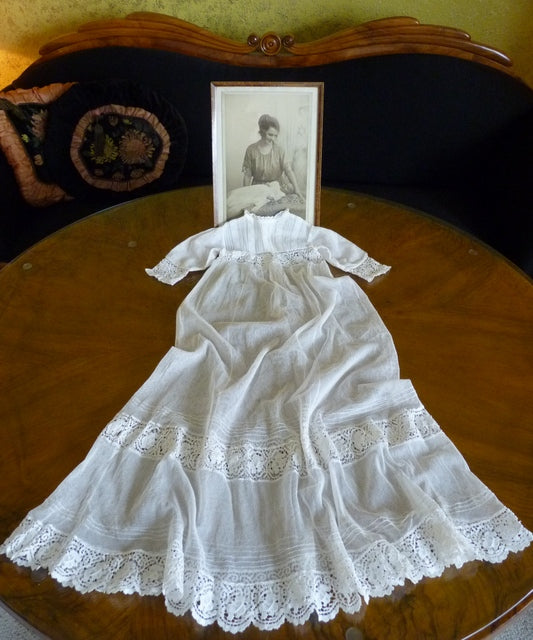 Christening Gown with Original Photo, England, ca. 1923 – Net Tulle & Lace, Silk Slip