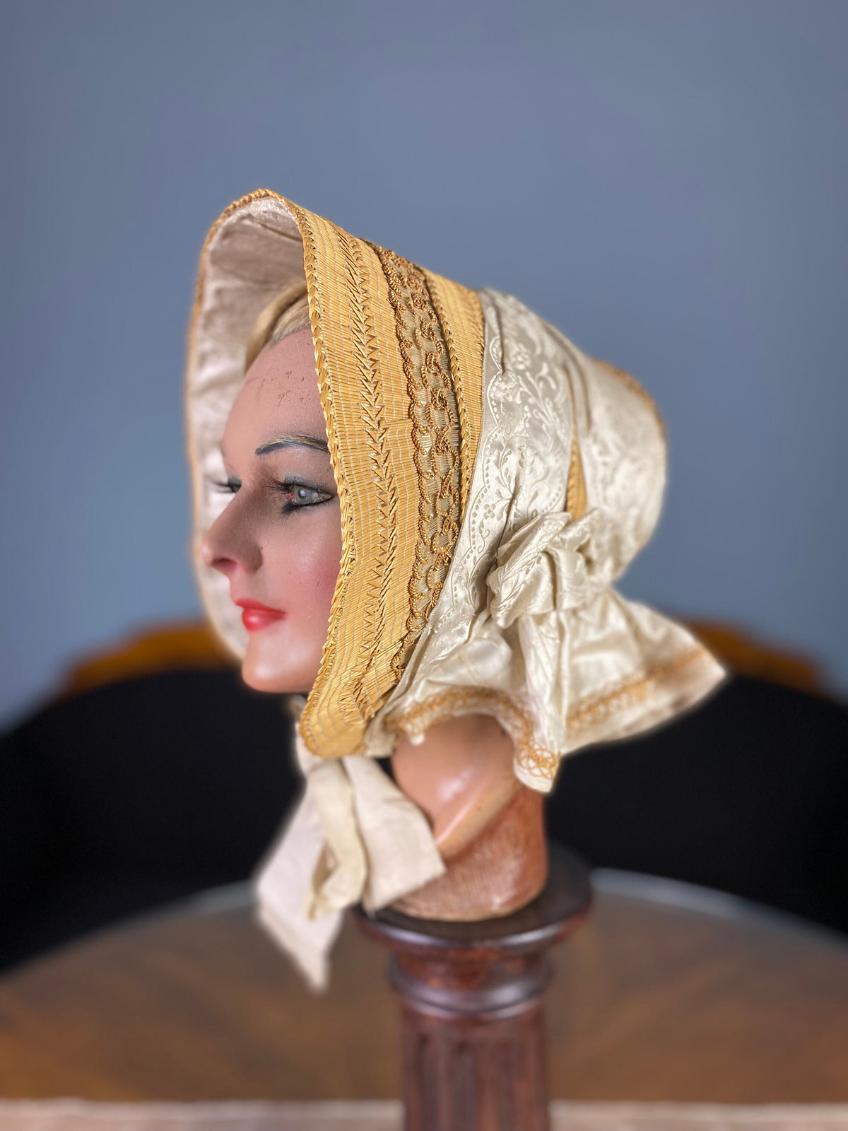 Antique crinoline-period garment from 1849 made of wire, straw, silk ribbons and damask lining in excellent condition