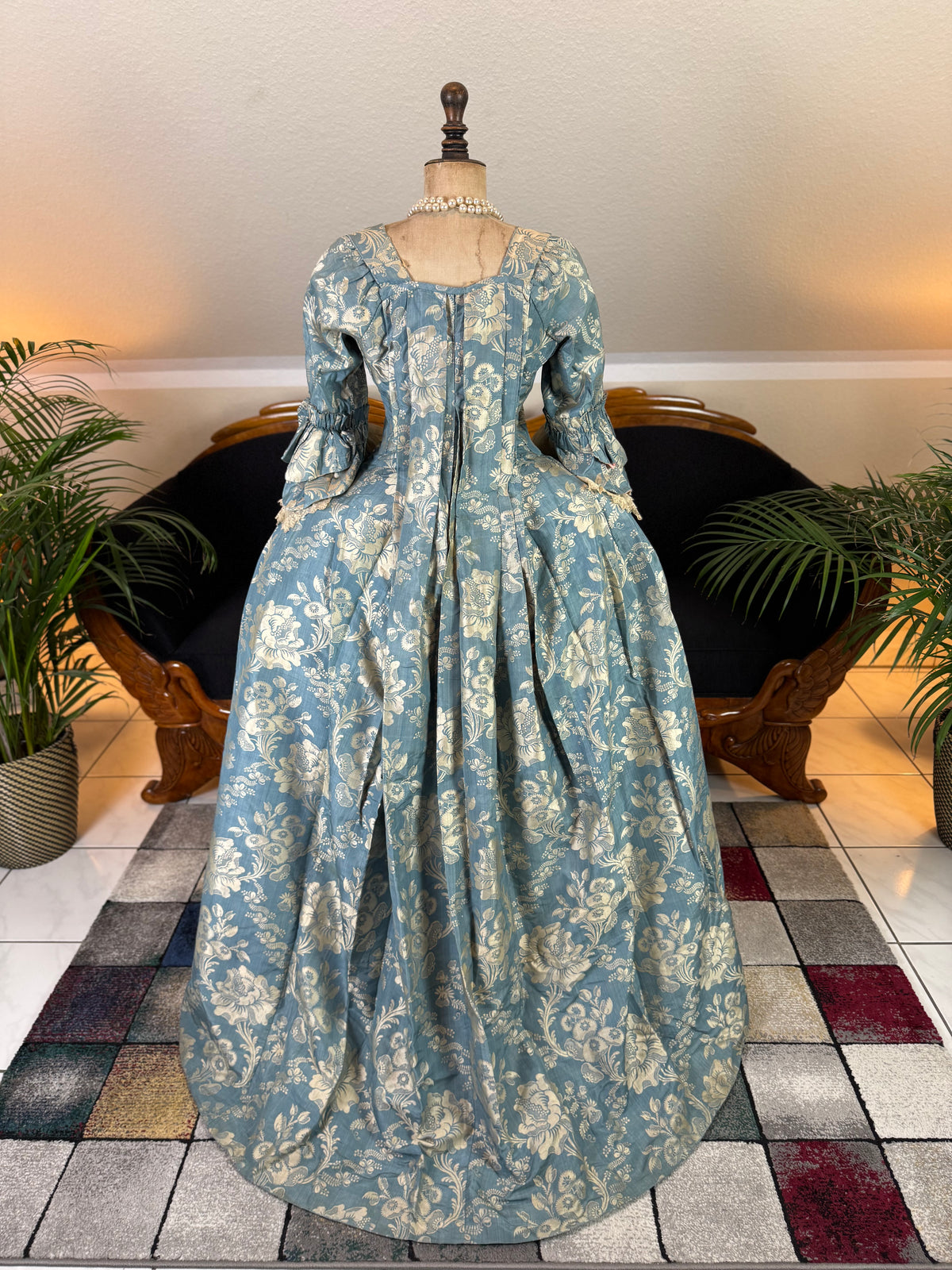 Robe à la Française in blue and cream silk damask – Authentic Eighteenth‑Century Gown, ca. 1770