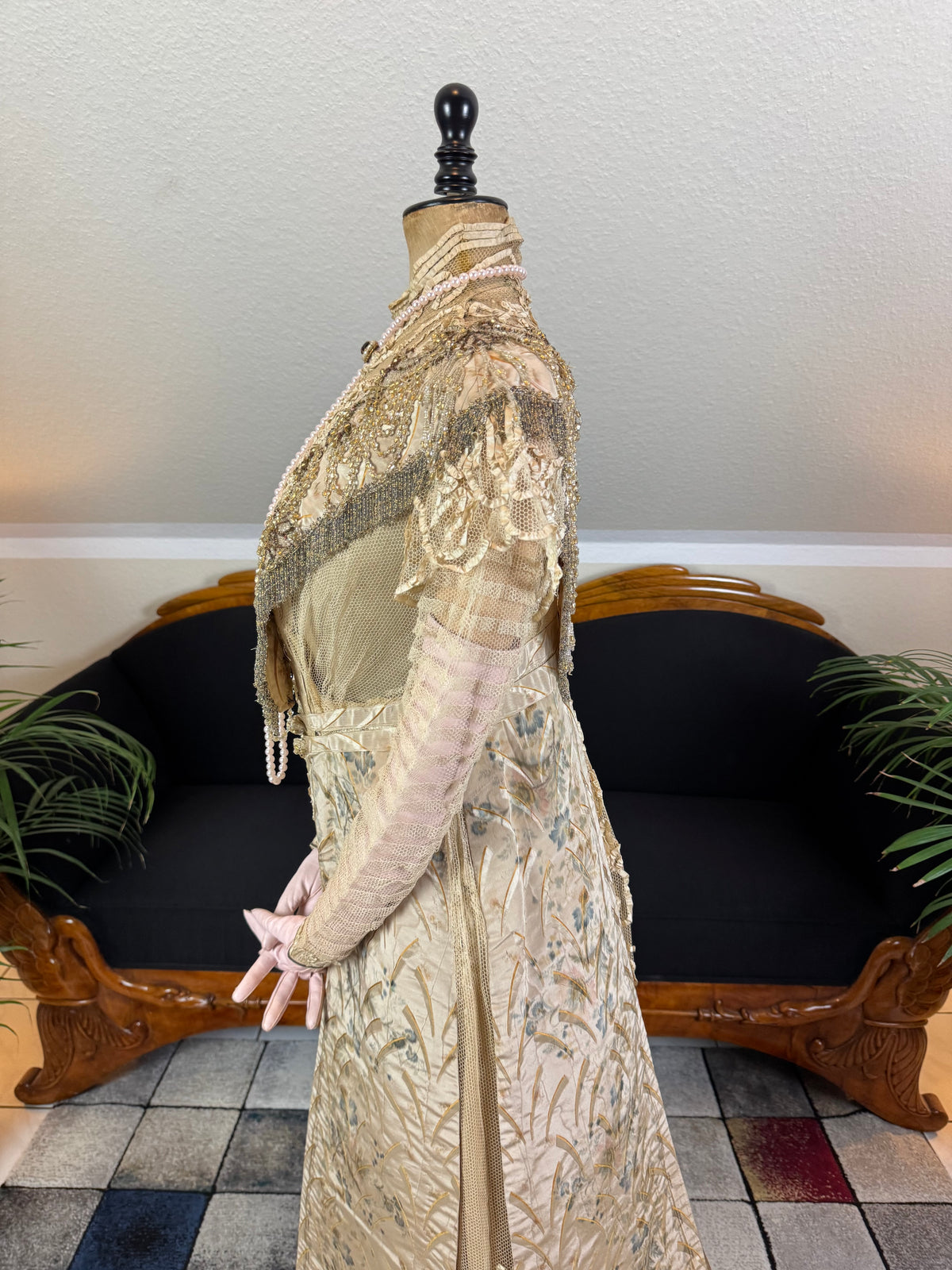 Antique Edwardian Evening Dress ca. 1908 – Painted Silk Panels & Crochet Lace Couture