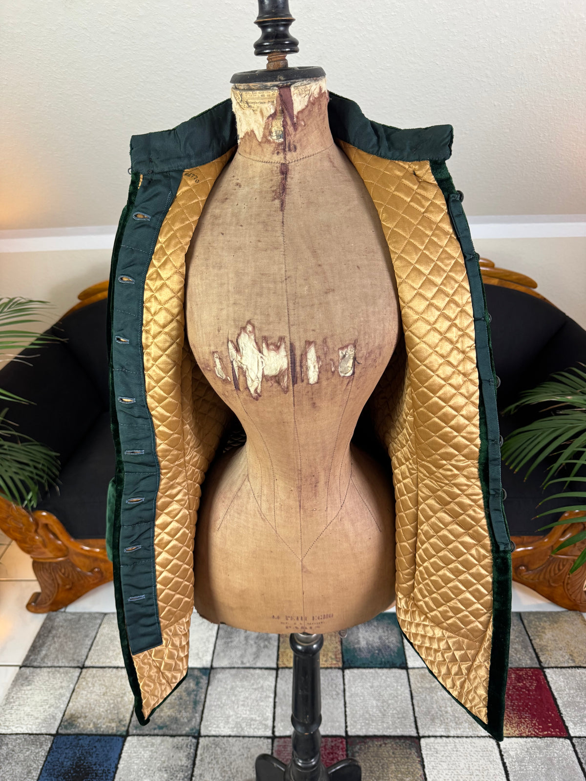 Rare Victorian Riding Jacket, ca. 1878 - Green Velvet, Quilted Silk Lining, Historic Equestrian Fashion