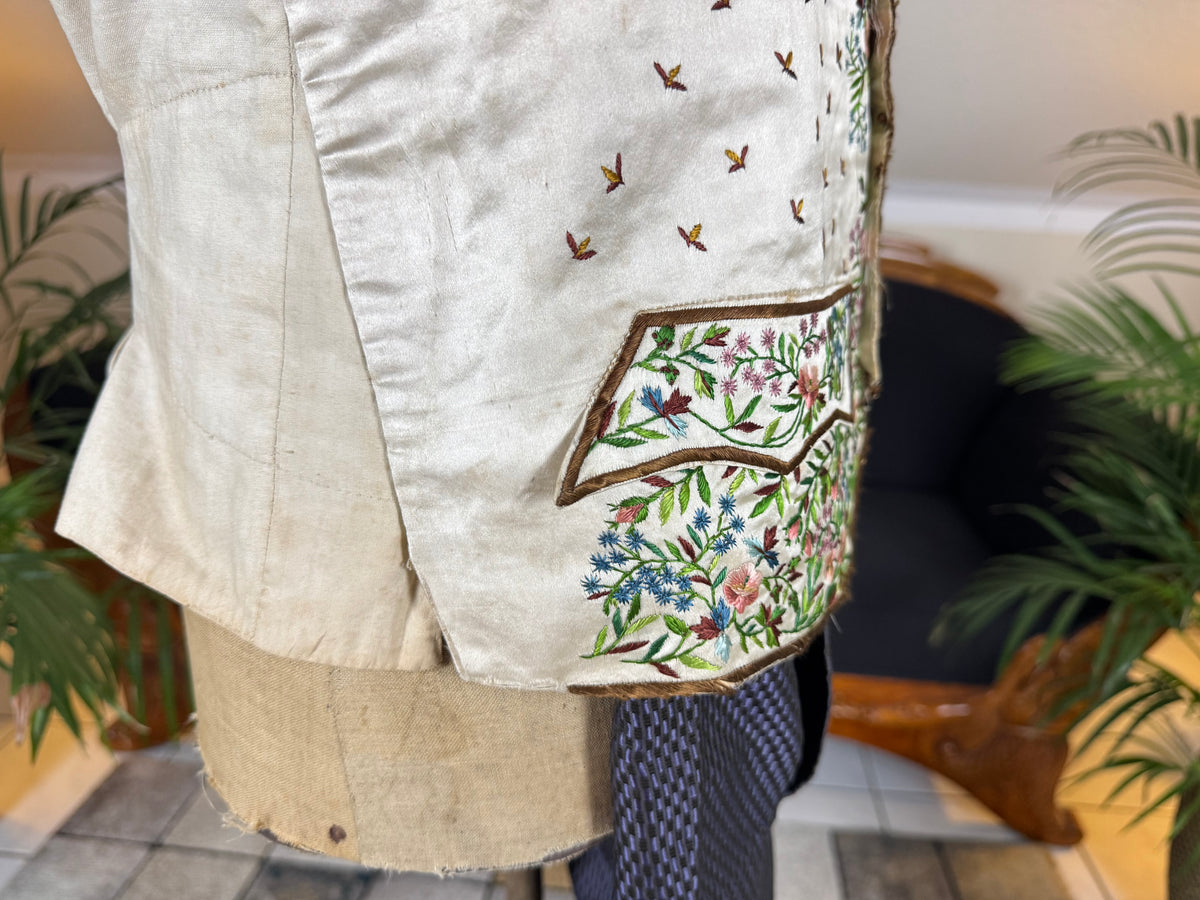 Antique Waistcoat & Blue Silk Knee‑Length Trousers, ca. 1790 – Embroidered Floral Menswear Ensemble