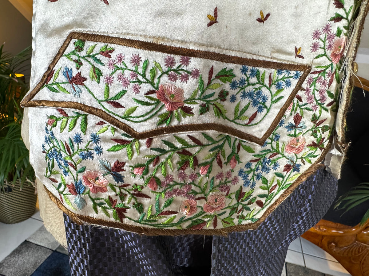 Antique Waistcoat & Blue Silk Knee‑Length Trousers, ca. 1790 – Embroidered Floral Menswear Ensemble
