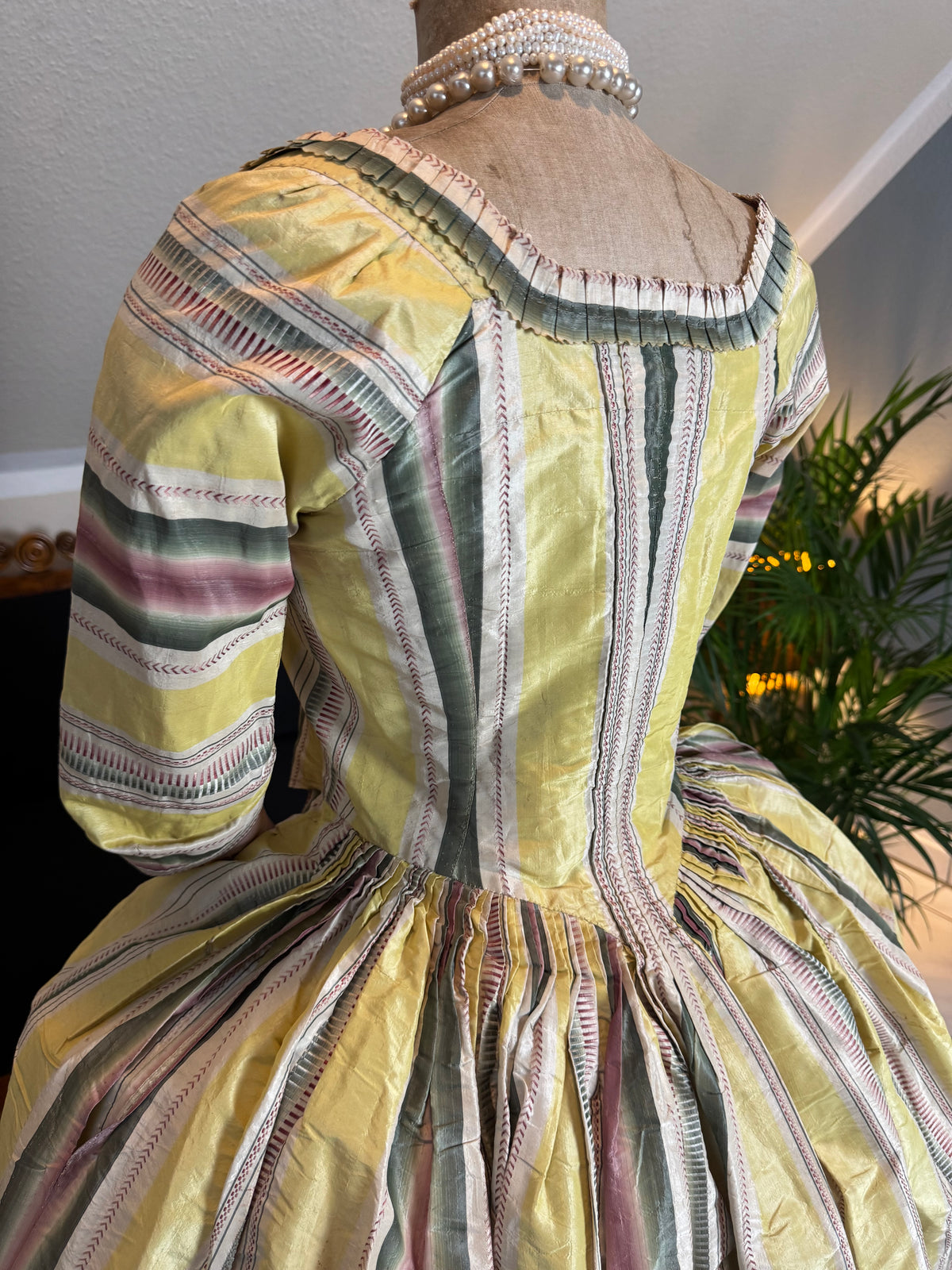 A Yellow, Green and Pink Striped Silk Taffeta Robe à l’Anglaise, ca. 1770